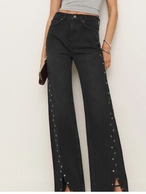 Reformation Cary Black Wide-Leg Studded Jeans